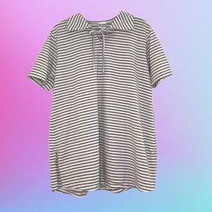 Vintage 80s 90s gray and white striped polo tie neck t-shirt tunic top VTG M